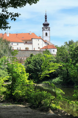 Naklejka premium Colorful medieval Town Pisek above the river Otava, Czech Republic