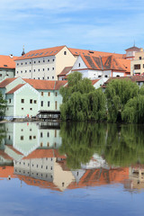 Obraz premium Colorful medieval Town Pisek above the river Otava, Czech Republic