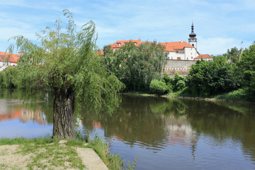 Fototapeta na wymiar Colorful medieval Town Pisek above the river Otava, Czech Republic