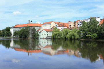 Naklejka na ściany i meble Colorful medieval Town Pisek above the river Otava, Czech Republic