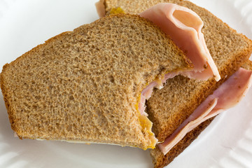 Close view of bitten ham and cheese sandwich