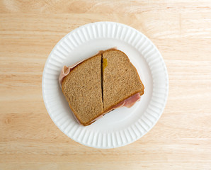 Ham and cheese sandwich on a white paper plate