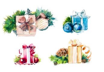 Set with different presents. Watercolor hand drawn illustration.