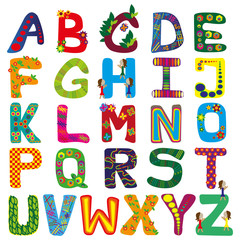 many colorful letters on white background