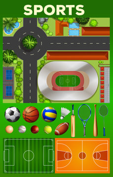 Different kind of sport equipments and courts