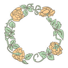 Elegant vintage round frame with roses and leaves elements. Vector decorative border