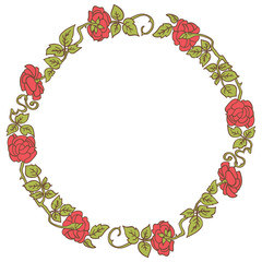 Elegant vintage round frame with roses and leaves elements. Vector decorative border