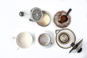 Obraz na płótnie Canvas Preparation coffee set on the white background top view