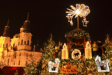 Christmas Mood on the night snowy Old Town Square, Prague, Czech Republic