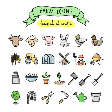 Hand drawn farm icons: gardening, cattle breeding, animals, birds, seeds, plants, trees. Vector outline icons on white background.