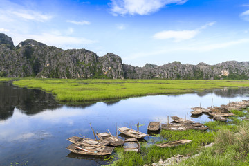 Landscape in Van Long natural reserve in Ninh Binh, Vietnam. Vietnam landscapes.