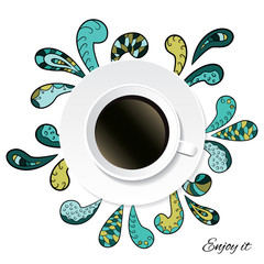 Cup of coffee. Hand drawn ornamental doodles around.