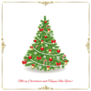 Christmas tree. Traditionally decorated. Realistic. Isolated on white.