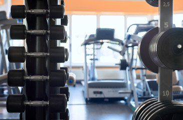 Stand with a dumbbell in the gym