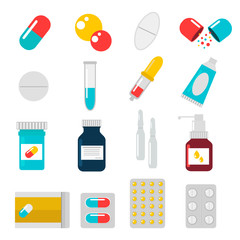 Pills capsules icons vector flat set. Medical vitamin pharmacy illustration