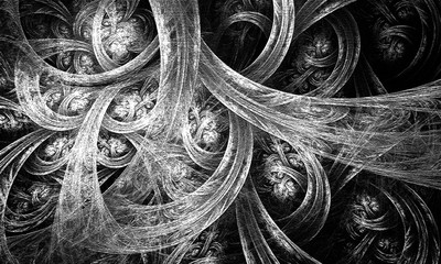 Naklejka premium Fraktal czarno-biały. Fraktal sztuka tło dla kreatywnego projektowania. Dekoracja na pulpit tapety, plakat, broszura okładki Streszczenie tekstura. Psychodeliczny. Drukuj na ubrania, koszulkę.