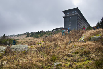Fototapeta premium View of the Labska bouda from Labsky vodopad (waterfall), Krkonose national park