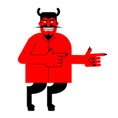 Devil indicates. Red demon with horns and hoofs. Satan with bear
