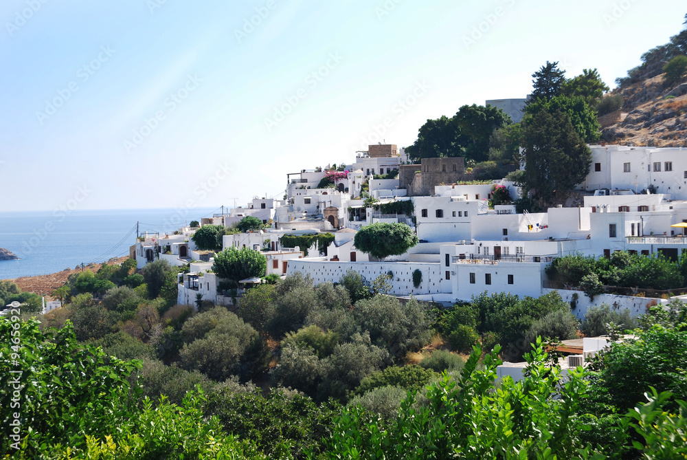 Wall mural lindos city at the rhodes, greece. white houses.