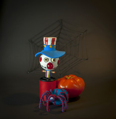 The wooden bozo ghost with spider, halloween concept