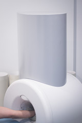 Patient and Doctor in fully open MRI CAT Scan