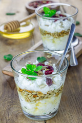 Ricotta cheese dessert with honey, sunflower seeds and mint, garnished with dry cranberries