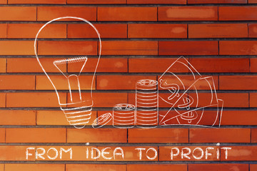 lightbulb next to coins and cash with text From idea to profit