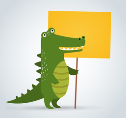 Obraz premium Wild animal zoo crocodile holding strike clean plate board vector cartoon