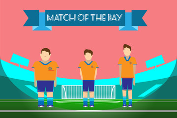 Three soccer players on football stadium