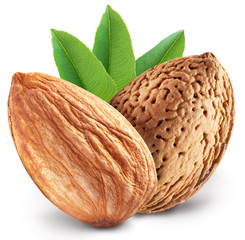 Almond nuts with leaves.