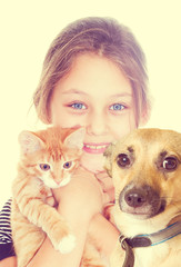 girl and kitten and dog