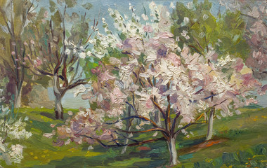 Beautiful Original Oil Painting of flowering tree in the summer garden  Landscape On Canvas