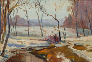 Obrazy na Szkle  Piękny oryginalny obraz olejny przedstawiający zimowy krajobraz płynący śnieg rzeki wokół drzew na płótnie