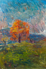 Beautiful Original Oil Painting of autumn landscape orange tree in a cloudy morning on the background of the mountains around the grass  On Canvas