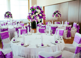 Table set for wedding or another catered event dinner.