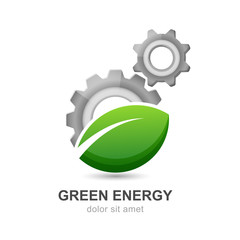 Illustration of green leaf with silver gears cogs.