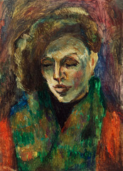 Fototapeta na wymiar Beautiful Original Oil Painting of portrait of a woman wearing a scarf in orange and green colors On Canvas