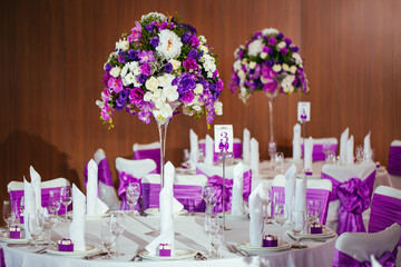 Table set for wedding or another catered event dinner.