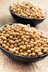 soybeans in ceramic bowl on sackcloth background..