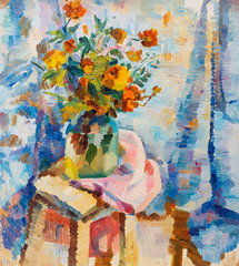 Beautiful Original Oil Painting lowers in a vase in bright orange colors of red and blue  On Canvas