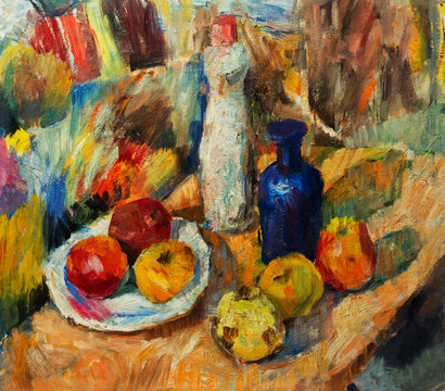 Beautiful Original Oil Painting  of Still Life vase apples bright colors Red Orange Green On Canvas