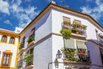 Typical windows with grilles and decorative flowers in the city Cordoba, Spain