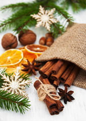 different kinds of spices,  nuts and dried oranges