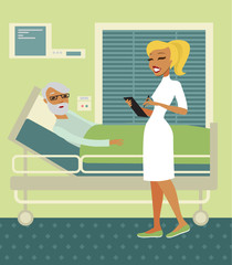 Obraz na płótnie Canvas Nurse standing By elderly senior's Bed In Hospital