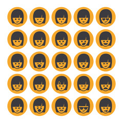 Set of different emoticons vector, yellow woman faces. Emoji icons representing lots of reactions, personalities and emotions
