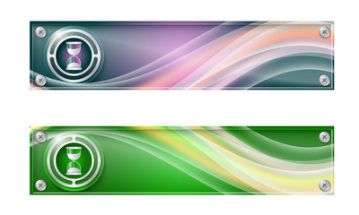 Set of two banners with colored rainbow and sand glass