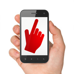 Web development concept: Hand Holding Smartphone with Mouse Cursor on display
