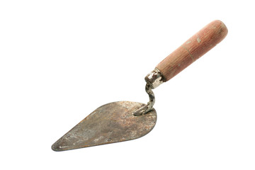 Lute trowel tool/Used and dirty lute trowel tool for construction mason on white background.