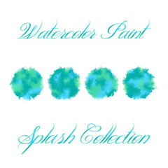 Watercolor splash vector collection in green, blue and cyan colors. Set of ink stain texture isolated on white background. Paint brush texture in four different combination of the colors of earth.
