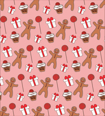 Christmas candy pattern seamless with gingerbread, christmas cupcakes, candy and gifts.